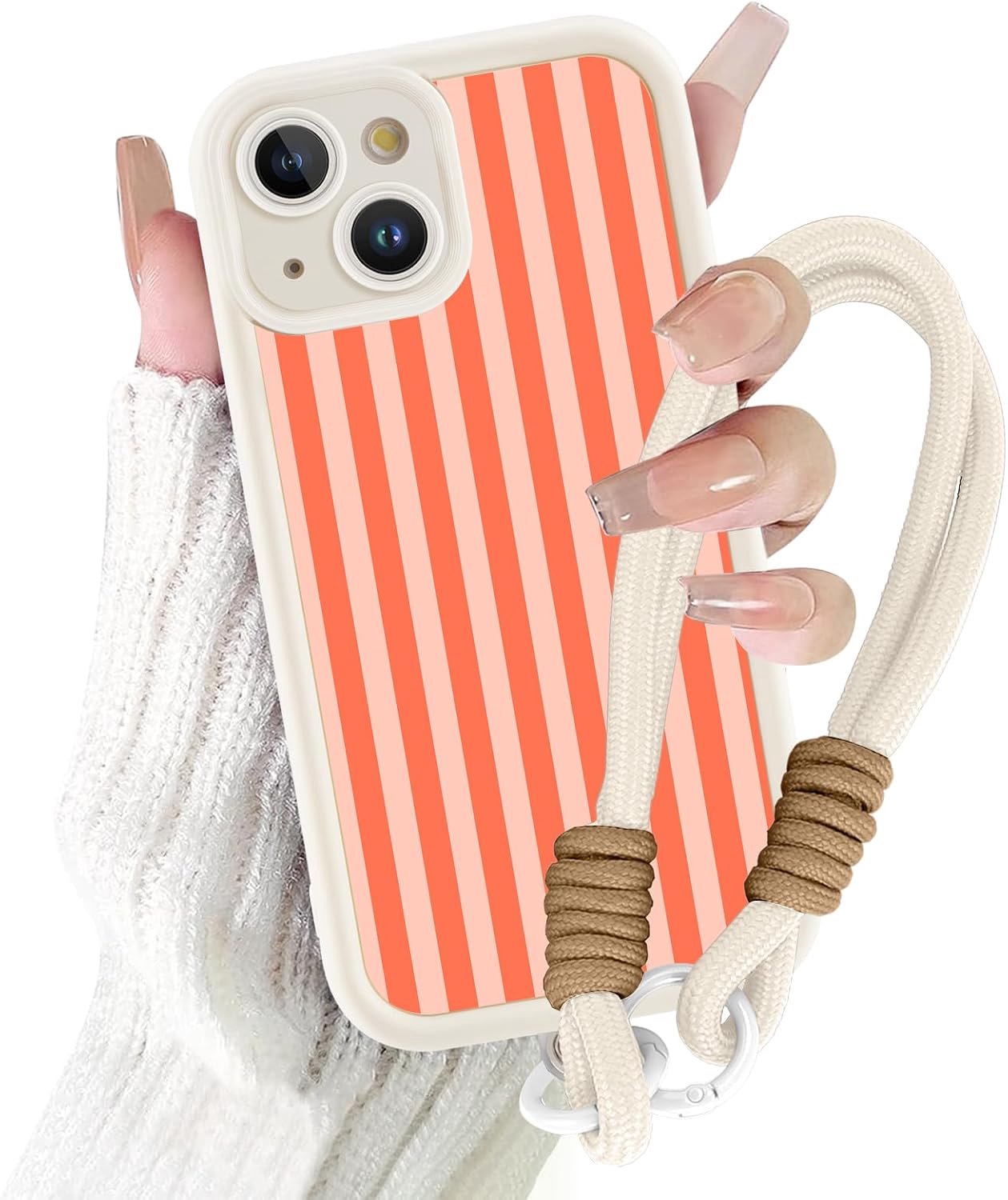 Beschermhoes voor iPhone 15 met koord, esthetische strepen, gestreept, zomermotief, beschermhoes met polsband, oranje, siliconen, schokbestendig, bumper voor iPhone 15 6,1 inch - 01