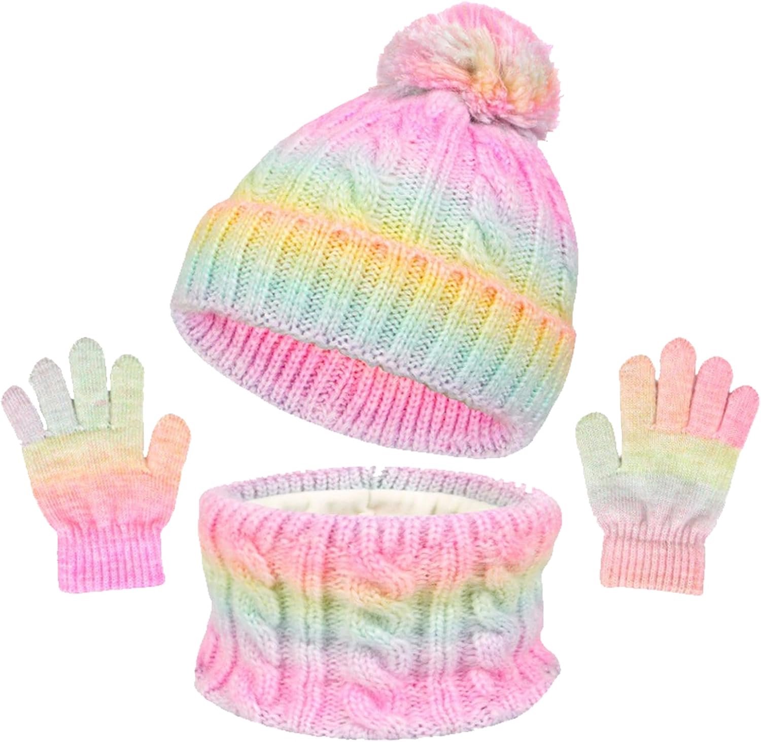 Warme muts sjaal handschoenen 3-delige winterset, 3-in-1 muts sjaal handschoenen voor kinderen, winter, voor meisjes en jongens, 3-8 jaar