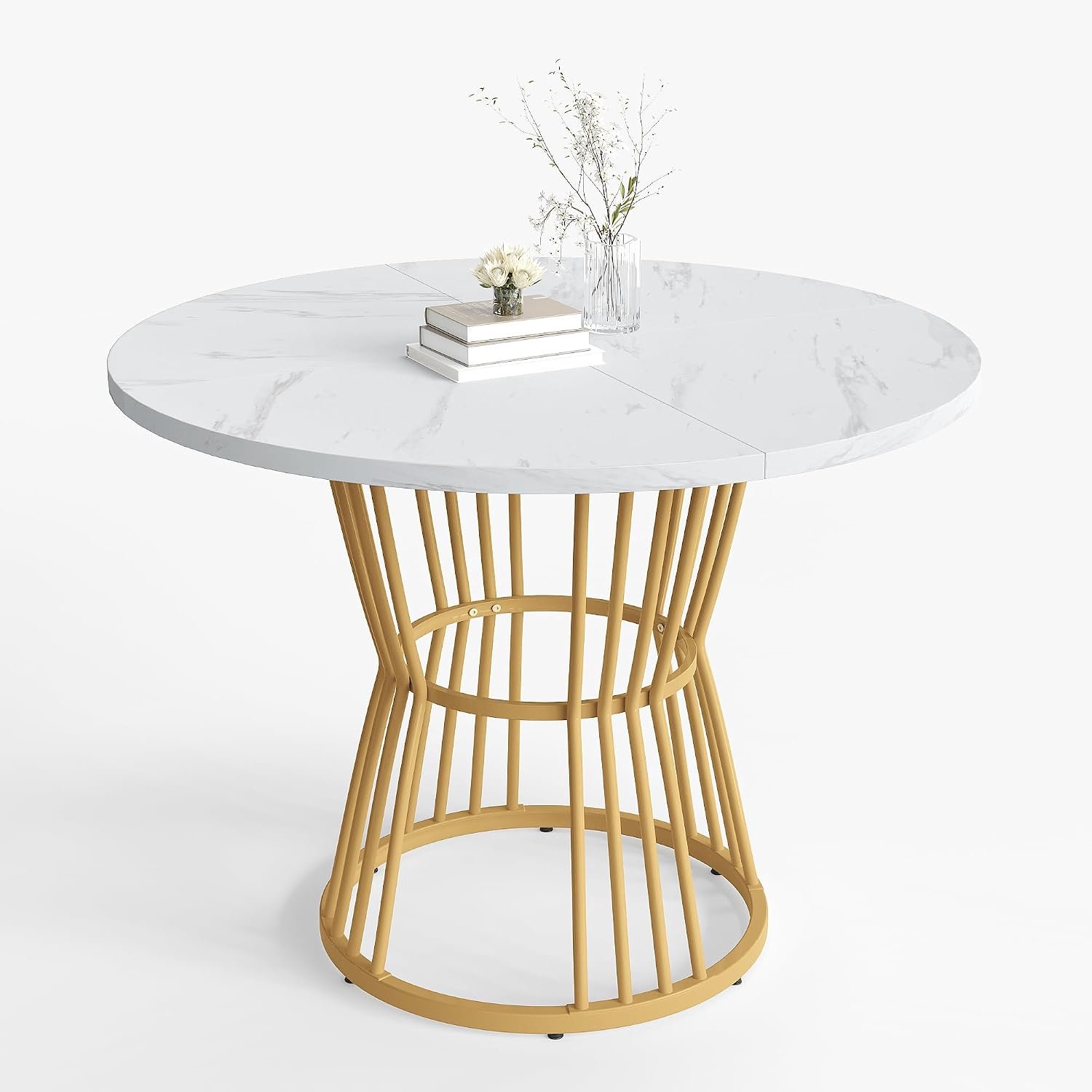 Dolamaní Ronde eettafel 100 cm diameter (1 stuk) voor 4-6 personen, wit MDF gemarmerd tafelblad, gouden metalen voetframe, 75 cm hoogte (H)