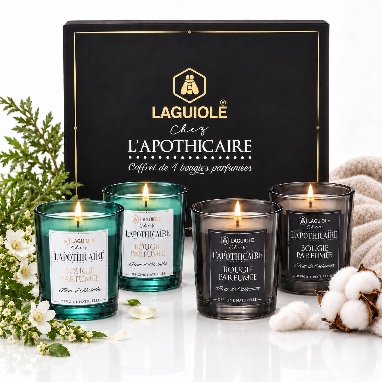 Laguiole Geurkaarsen - Kaarsen - Luxe Kaars- Geschenkset - 4 x30g Giftset - Absintbloem en Kasjmierbloem