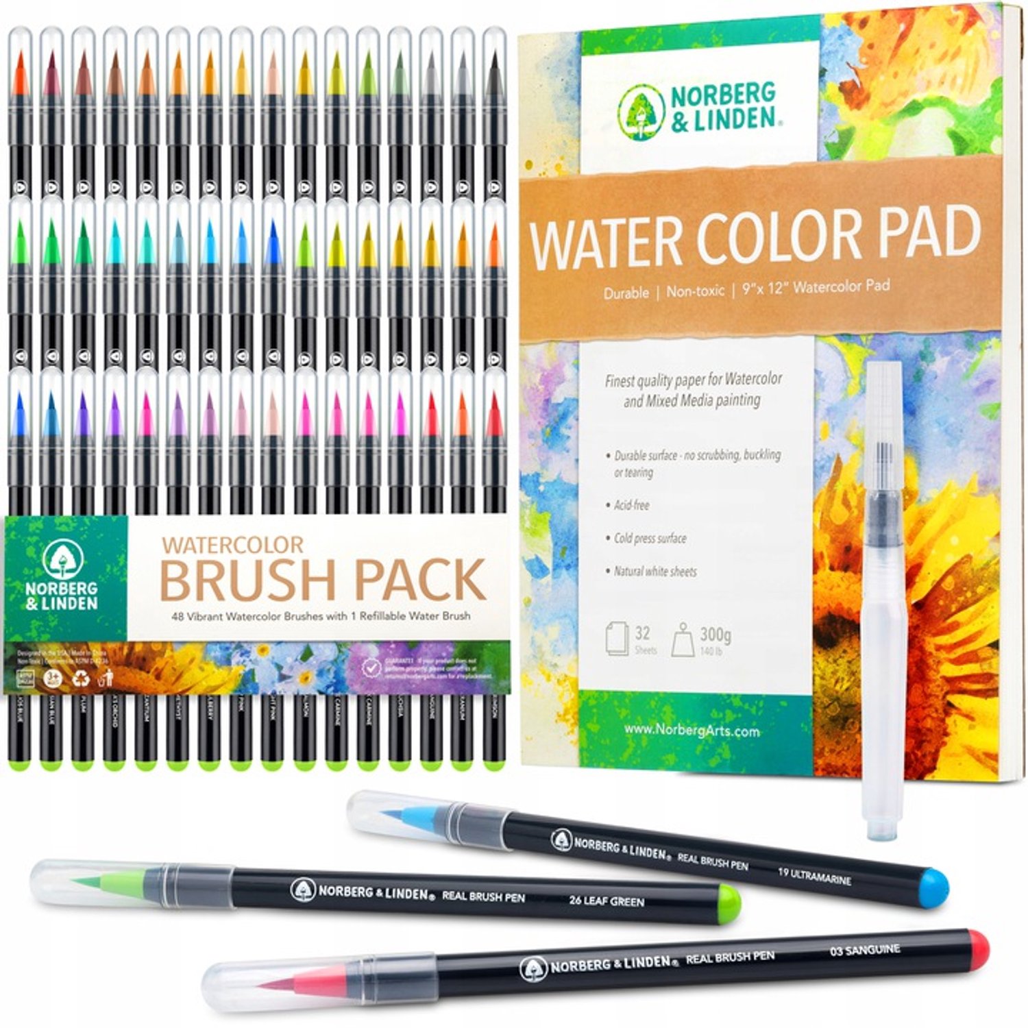 Acquerel Marker Set met Penseel & Schetsboek - 48 Kleuren