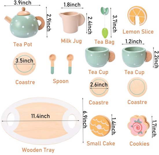15-delige Houten Theeset voor Kinderen – Montessori Speelgoed – Houten Keukenaccessoires – Rollenspel Theekransje met Dienblad, Kopjes en Theepot – Educatief Cadeau voor Meisjes en Jongens — afbeelding 4