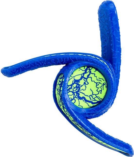 Blauw KONG Whirlz-speelgoed met een gestructureerd oppervlak en een felgroene bal in het midden.