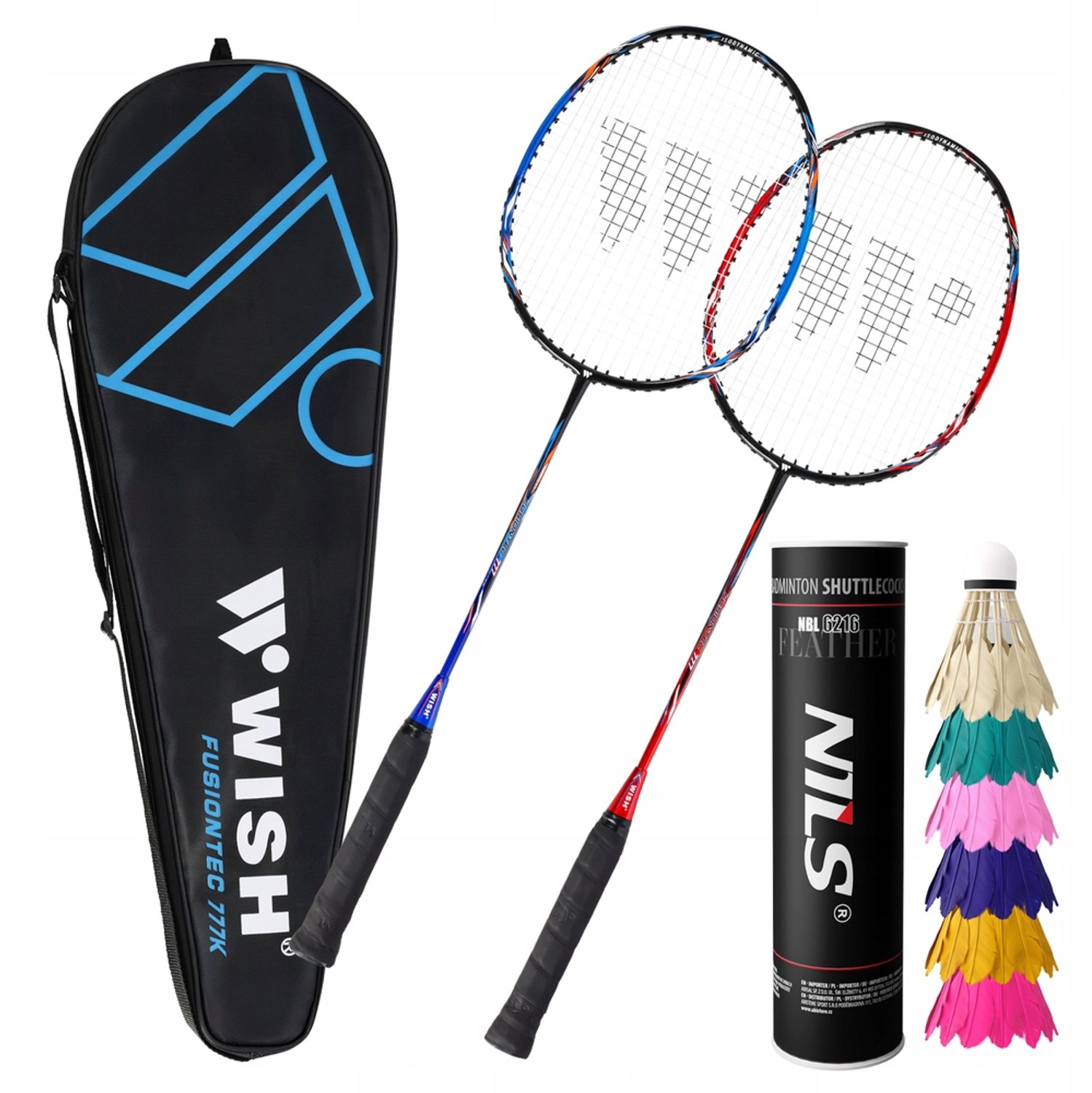 Badminton Set: 2 Rackets, 6 Feathers, Case - Fusiontec 777K