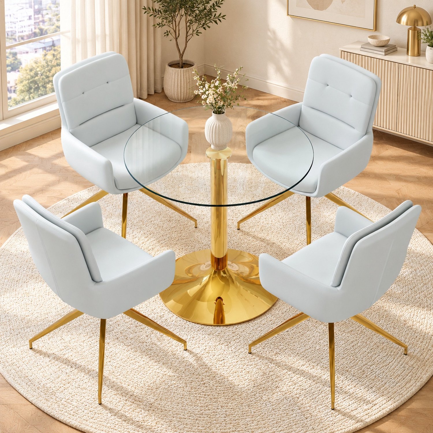 WUVRIE Ronde eettafelset Ø 85 cm - Glazen tafel met 4 draaibare stoelen - Goud/lichtgrijs