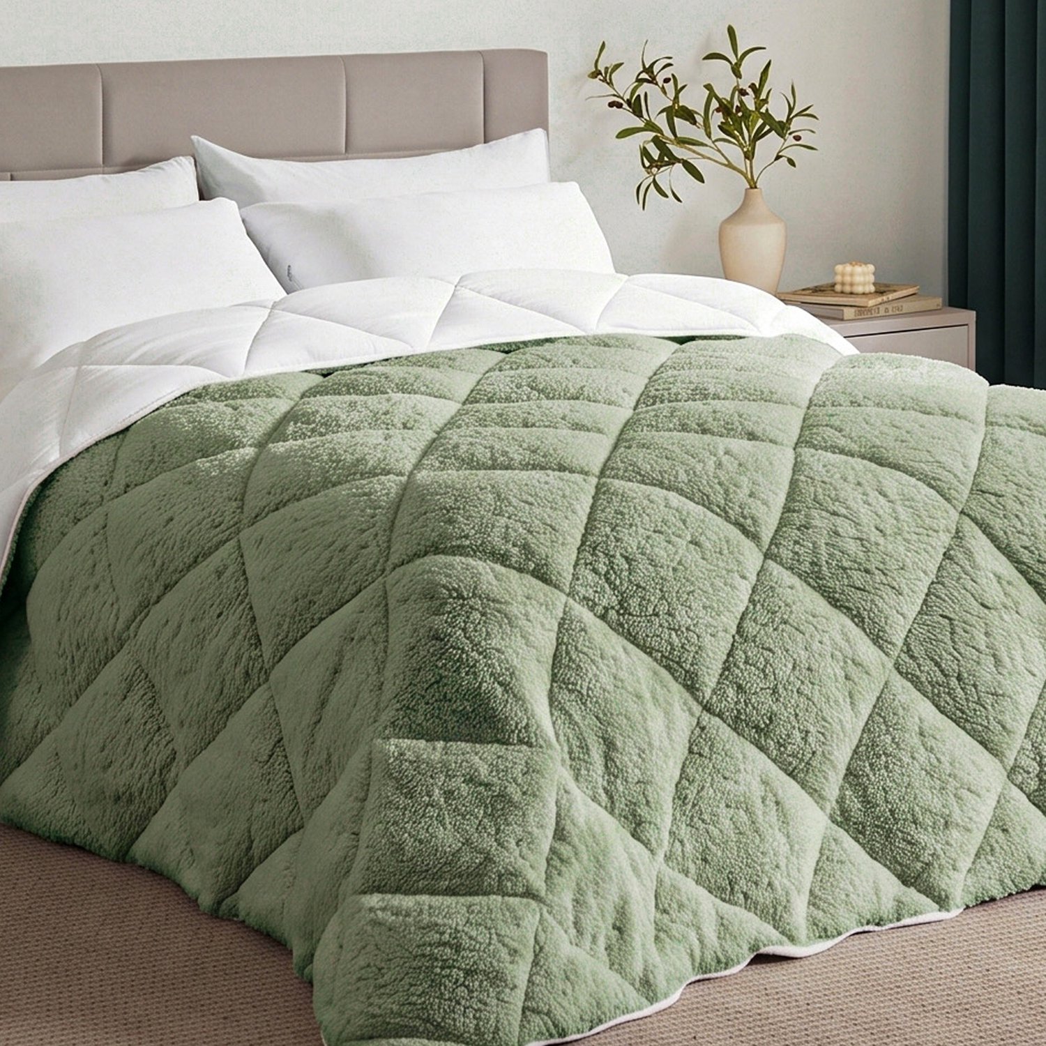 FLANDRIA Sherpa Winterdekbed Omkeerbaar 600 g/m², Extra Warm, Zacht en Pluizig, 220x240cm, 2 Personen, Saliegroen