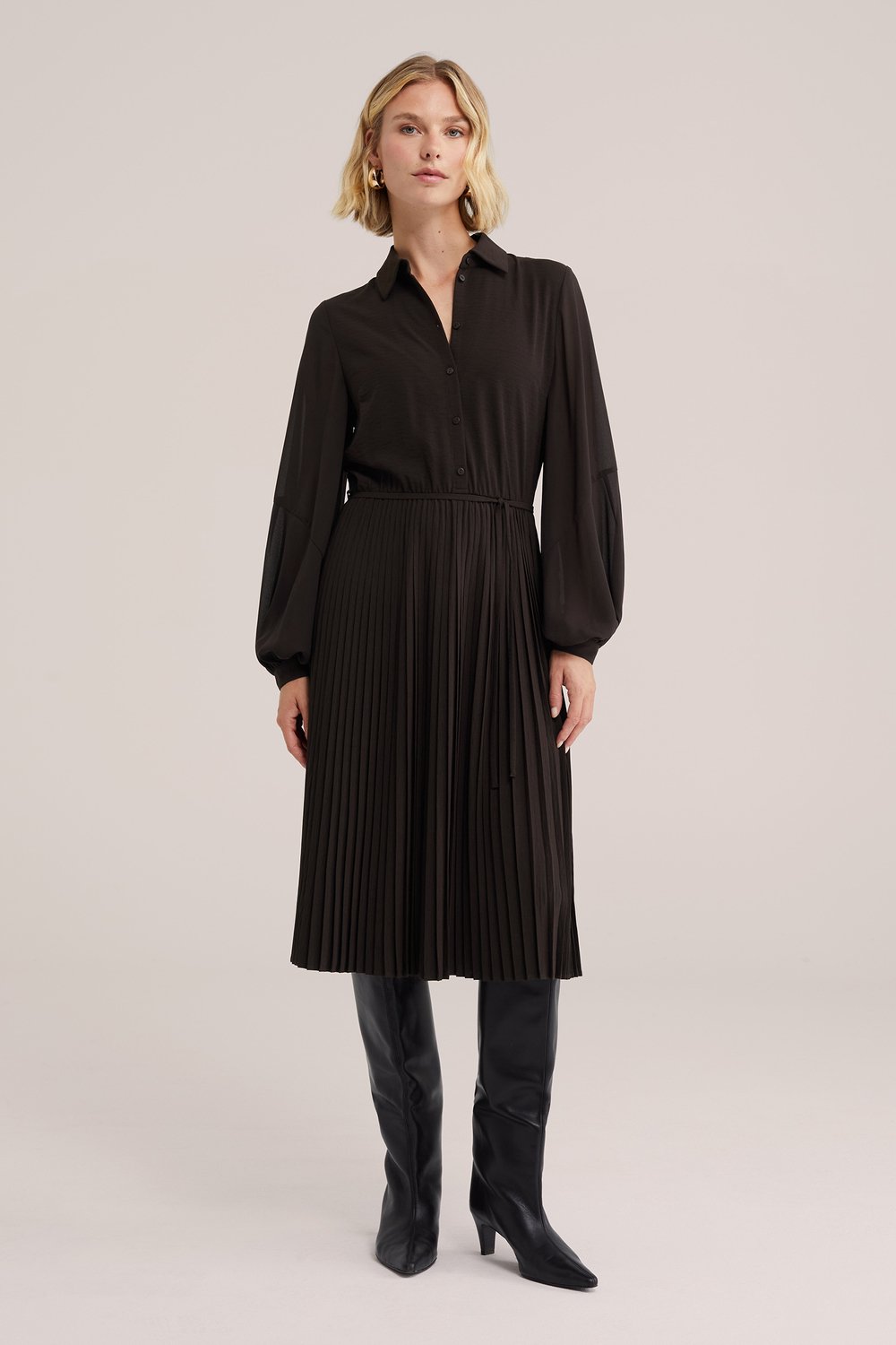 WE Fashion Dames midi plissé jurk met ballonmouwen