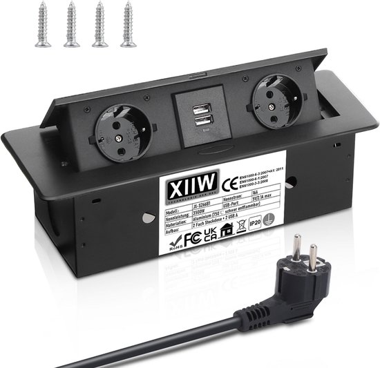 Zwarte pop-up stekkerdoos met netsnoer, twee Schuko-stopcontacten, twee USB-poorten en montageschroeven.