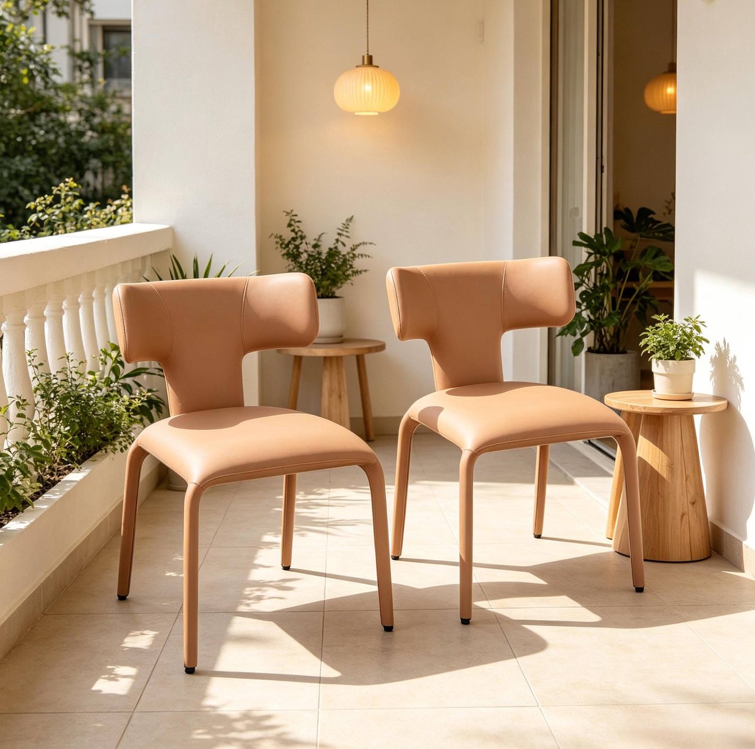 WUVRIE Eetkamerstoelen set van 2 - Kunstleer met gebogen rugleuning en wielen - Lichtbruin