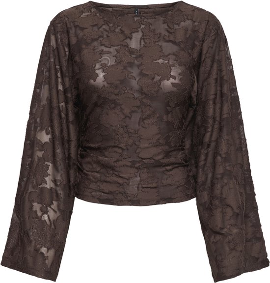 Donkerbruine top met lange, wijde mouwen, gerimpelde taille en een doorschijnend bloemenpatroon.