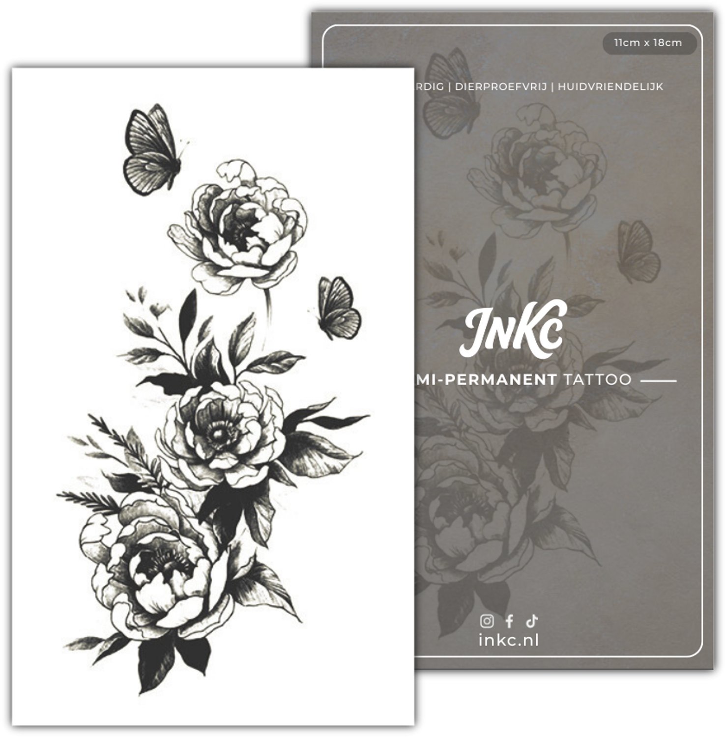 INKC - Tijdelijke Tattoo - Bloemen Vlinder - Nep Tattoo - Plak Tattoos - Blijft tot 2 weken - 11 x 18cm