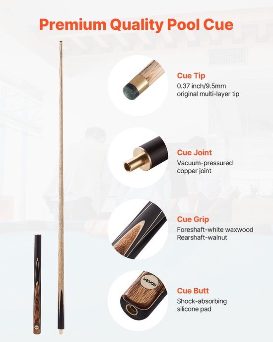 Poolkeu- 1447-8 mm gelede snookerkeu- snookerkeu met verlengstang en 9-5 mm lederen tip- 538 g poolkeu voor professionele pooltafel- bar- thuis- kantoor- inclusief aluminium koffer — afbeelding 5