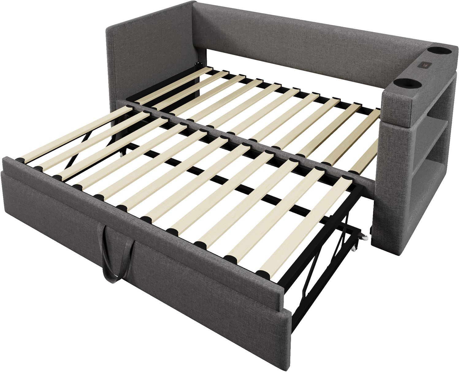 Gestoffeerd Daybed 90x190 cm - Slaapbank Met Verborgen Uitschuifbed - Katoen-Linnenmix - USB, USB-C En Bekerhouders - Grijs