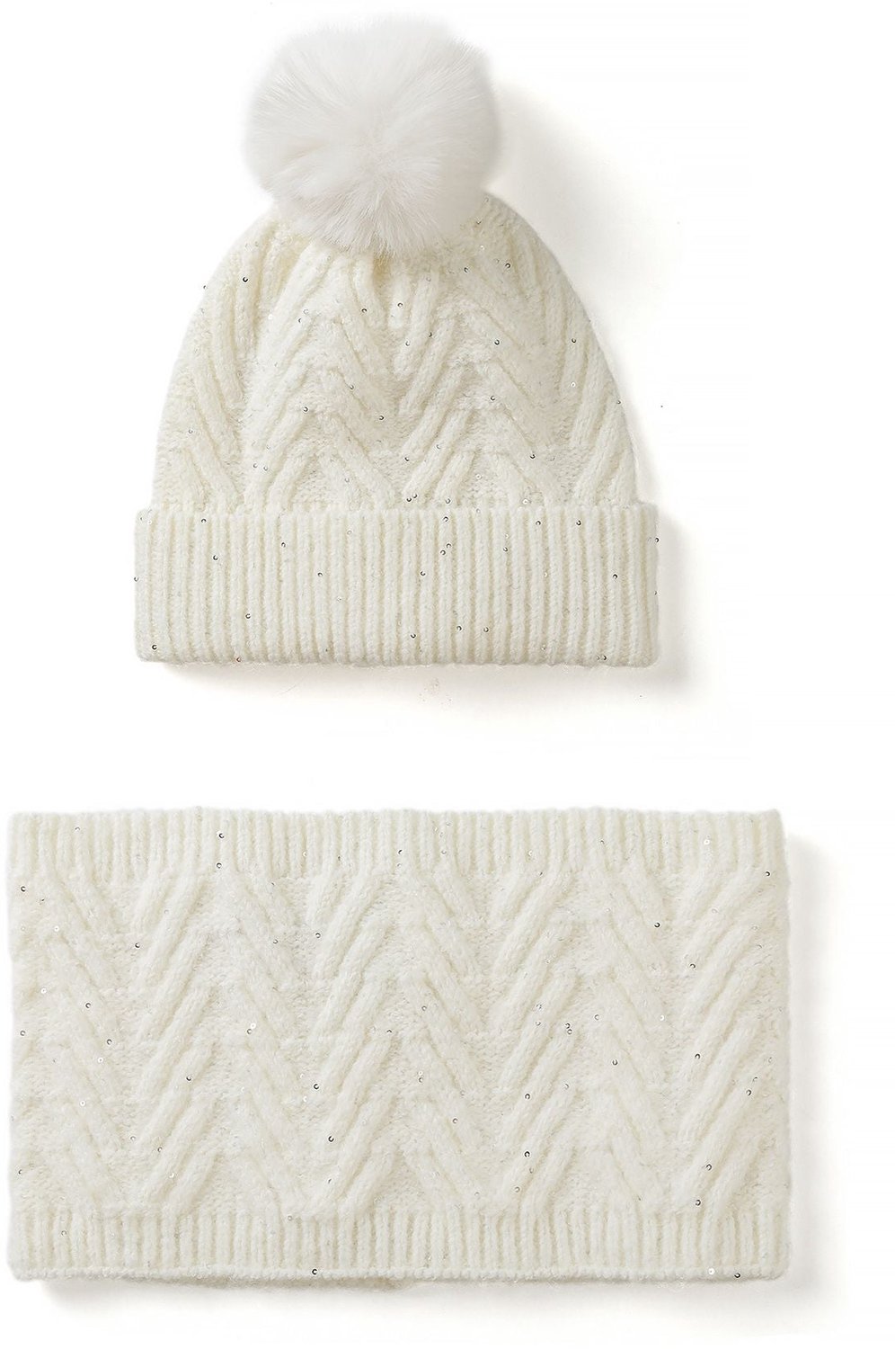 Minoti colsjaal kind – met muts – pailletten en pompon – crème