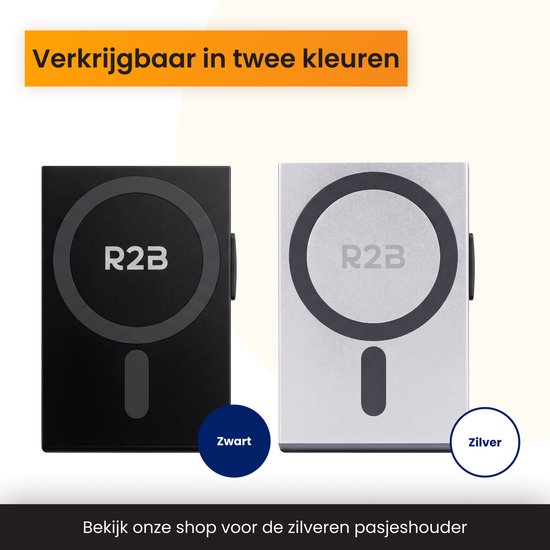 Zwarte en zilveren R2B pasjeshouder naast elkaar. Tekst: Verkrijgbaar in twee kleuren.