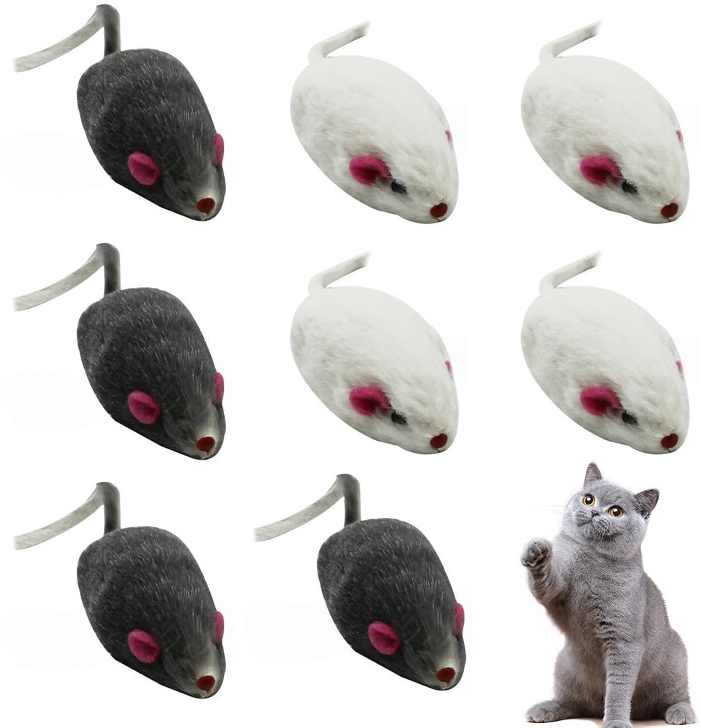 Famanu – Kattenspeelgoed set van 8 stuks, muizenspeelgoed van konijnenvacht voor zelfentertainment, interactief kattenspeelgoed in grijs, wit en willekeurige kleuren, 4,8 x 2,5 cm