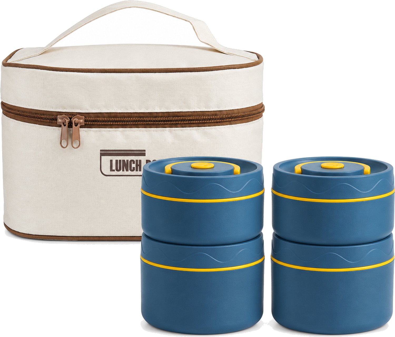 Broodtrommelset met 4 blauwe ronde lunchboxen (2 × 440 ml en 2 × 600 ml) en een geïsoleerde draagtas