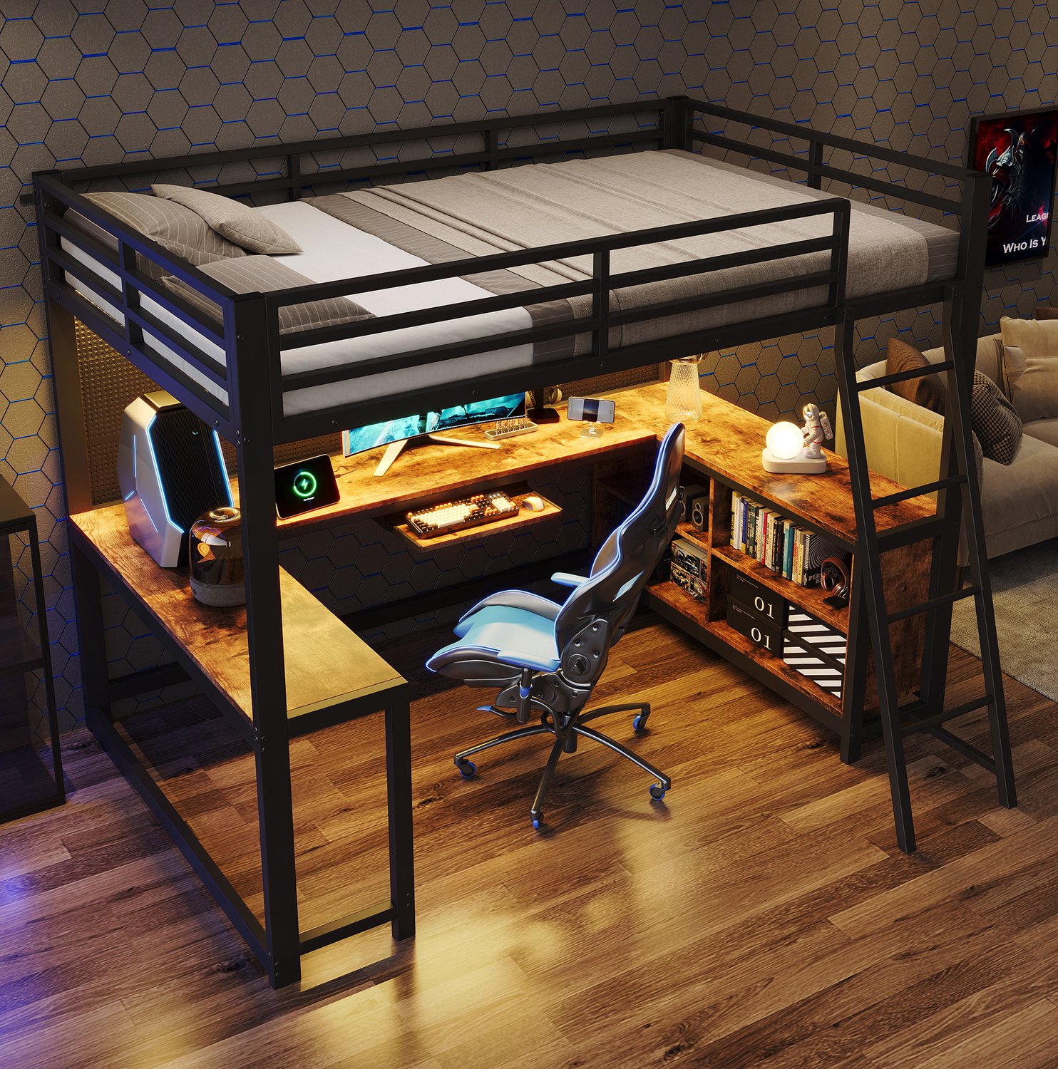MODENUIT Hoogslaper – 120 x 200 cm – Bureau en Opbergruimte – Metaal en MDF – Zwart met Houtlook – Ledverlichting Zwart met vintage houtlook
