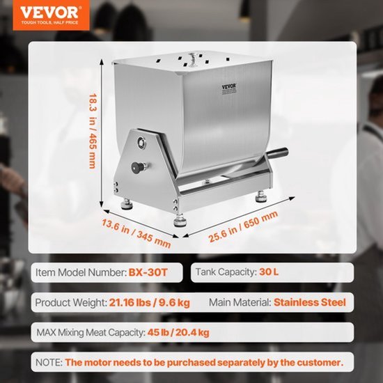 Handmatige Vleesmenger 30 L - Kantelbak Roestvrij Staal - 20,4 Kg Mengcapaciteit - Vleesmixer Worstmenger - Voor Gehakt En Diervoeding — afbeelding 4