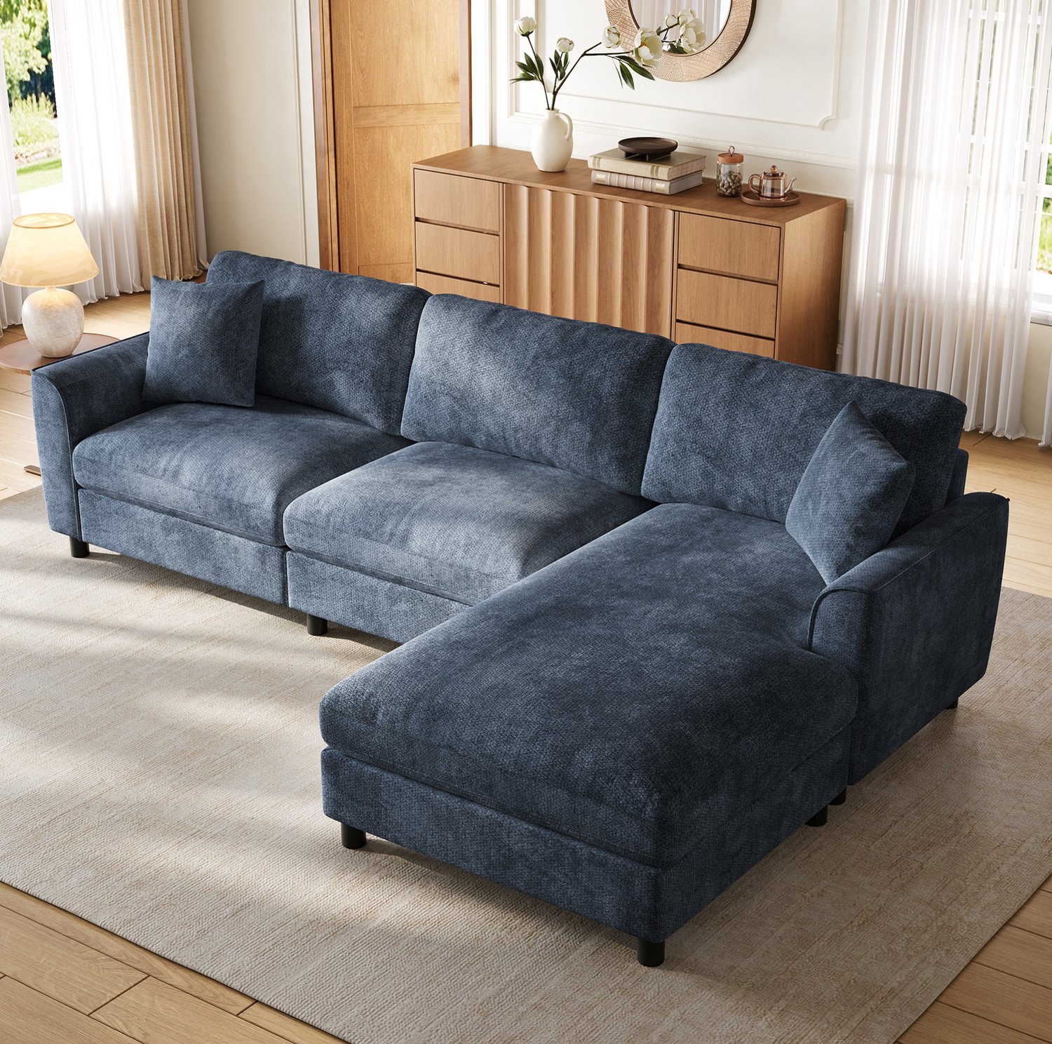 Wishdor Hoekbank - Driezits met omkeerbaar liggedeelte - Links of rechts monteerbaar - Brede ligplek voor ontspannen zitten - Minimalistisch ontwerp - Woonkamer - Chenille - Blauw - 256 x 137 x 79 cm