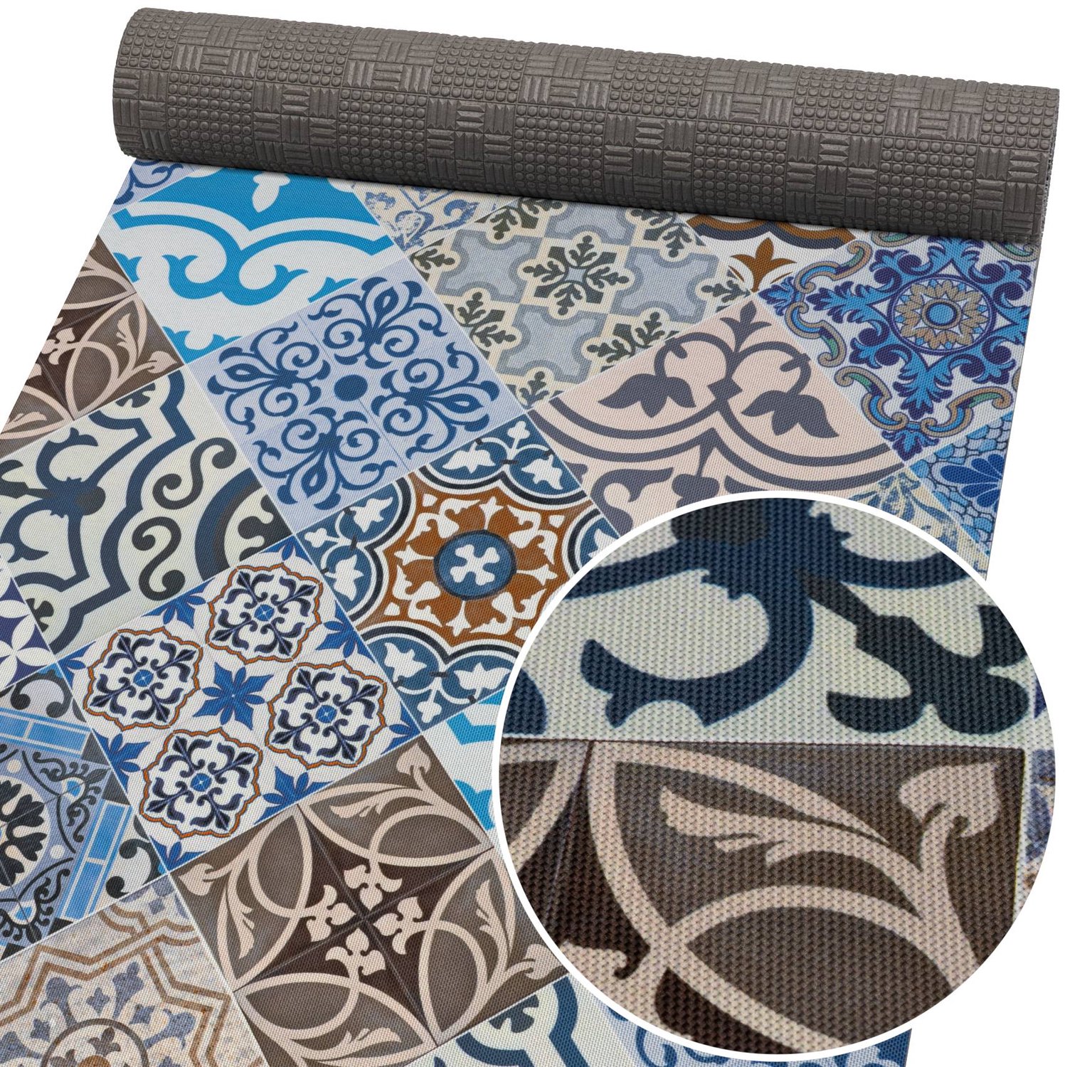 ANRO Keukenloper Porto Azul Tegels Blauw 52cm x 10m – Antislip Op Rol Gangloper Tapijtloper 3 mm