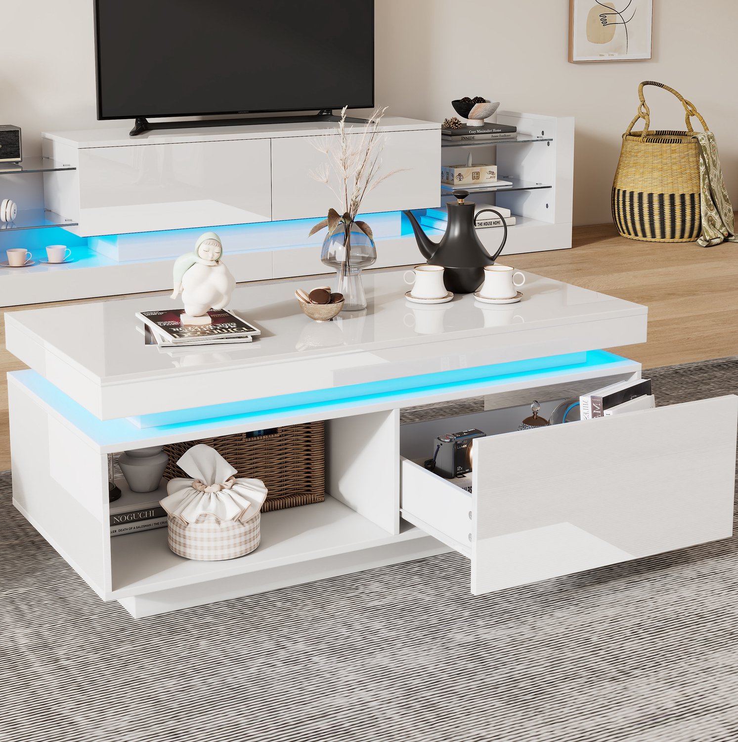 WUVRIE Tv-wandmeubelset met salontafel - Tv-meubel 181x38x38 cm - LED-verlichting - Wit