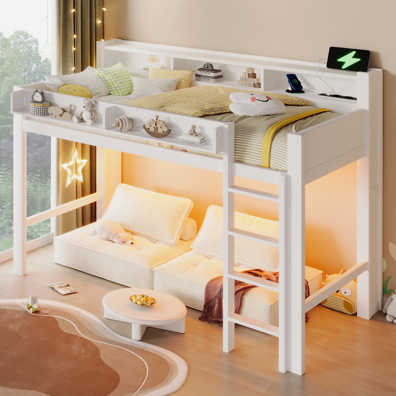 Kinderbed, Eenpersoonsbed, 90x200 cm grote hoogslaper van hout met opbergvakken, LED-verlichting en USB-aansluiting, Wit