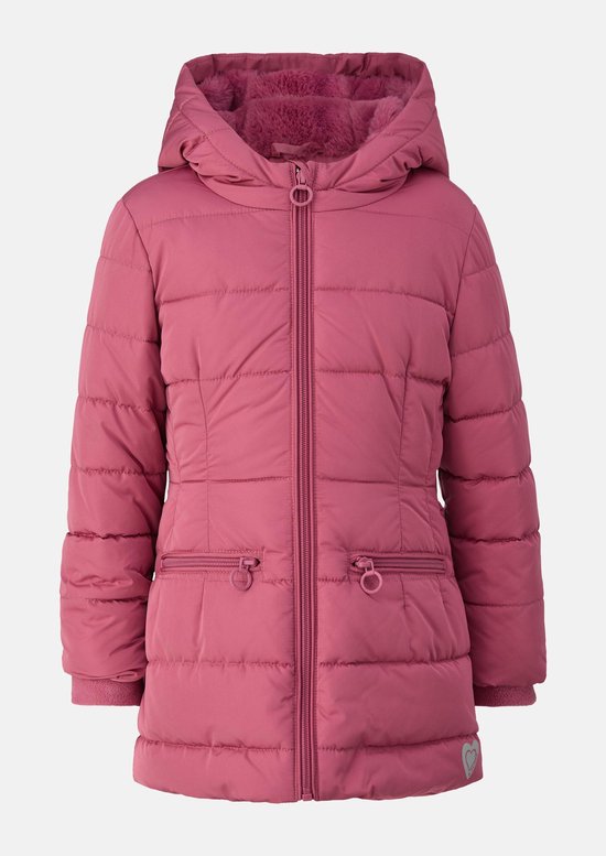 Roze gewatteerde jas met capuchon, rits en nepbont voering.
