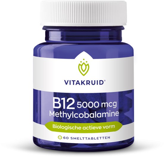 Blauwe pot Vitakruid B12 5000 mcg Methylcobalamine met witte dop, 60 biologisch actieve smelttabletten.