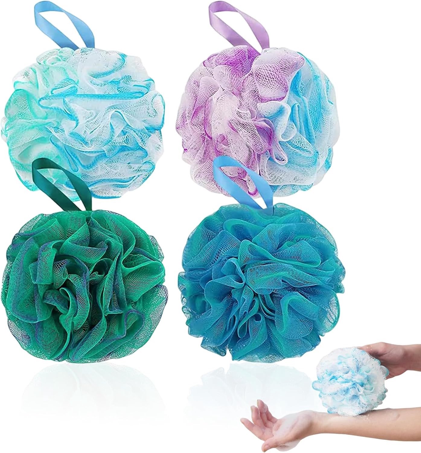 Set van 4 douchesponsen voor een comfortabele lichaamscrub, zachte reiniging en exfoliatie
