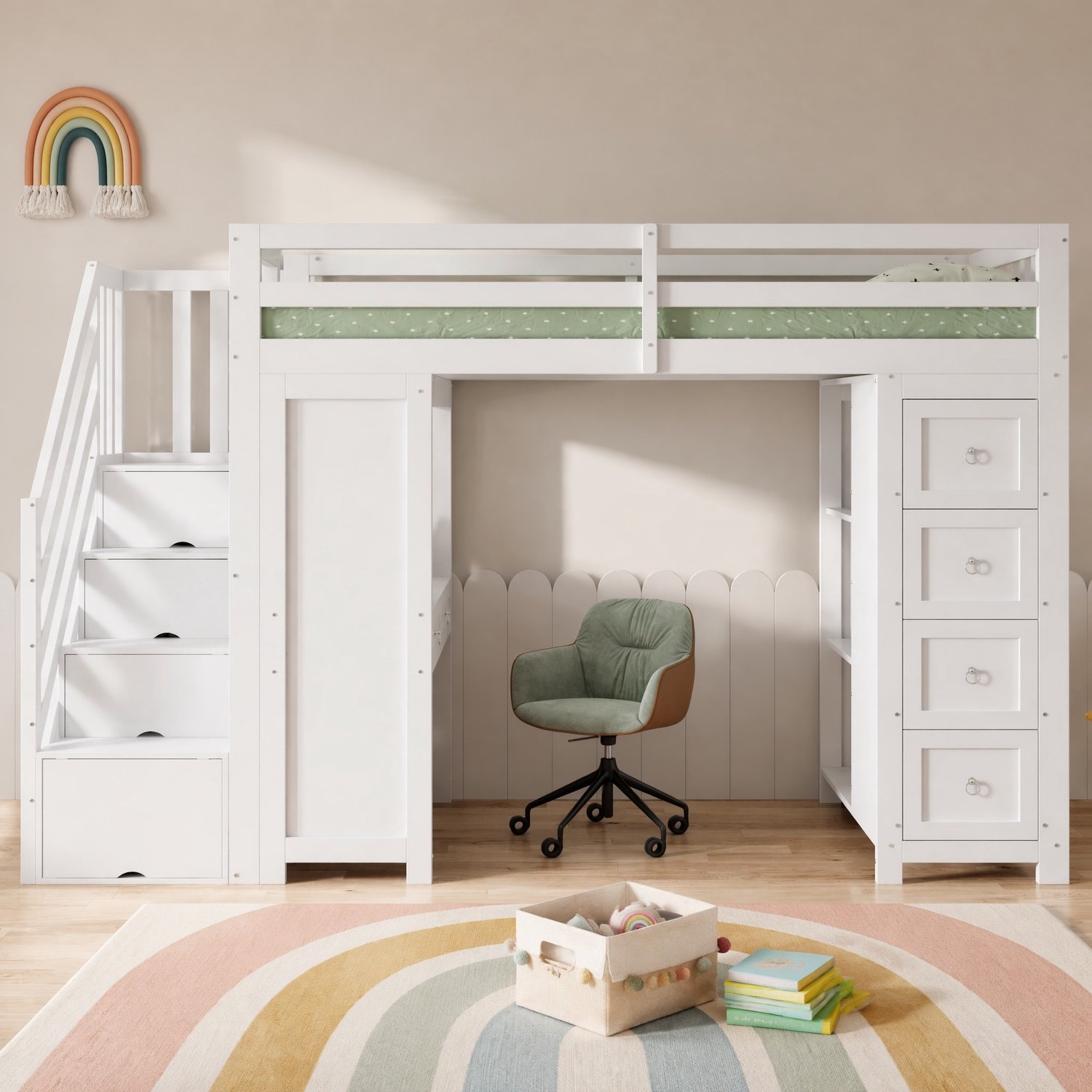 WUVRIE Hoogslaper 90x200 cm - Bureau, 6 lades, zijplanken en opbergtrap - Wit