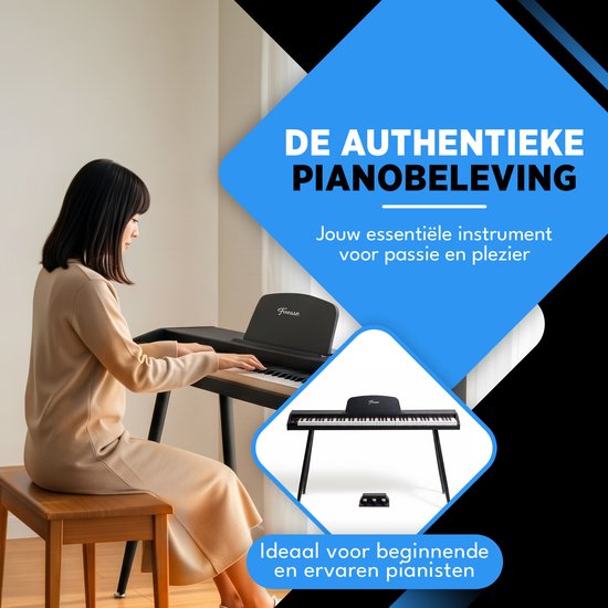 Vrouw speelt op een Finesse digitale piano. Tekst: ideaal voor beginnende en ervaren pianisten.