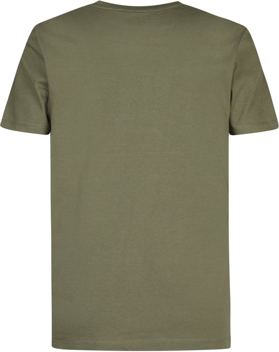 Achterkant van een lichtgroen t-shirt met korte mouwen.