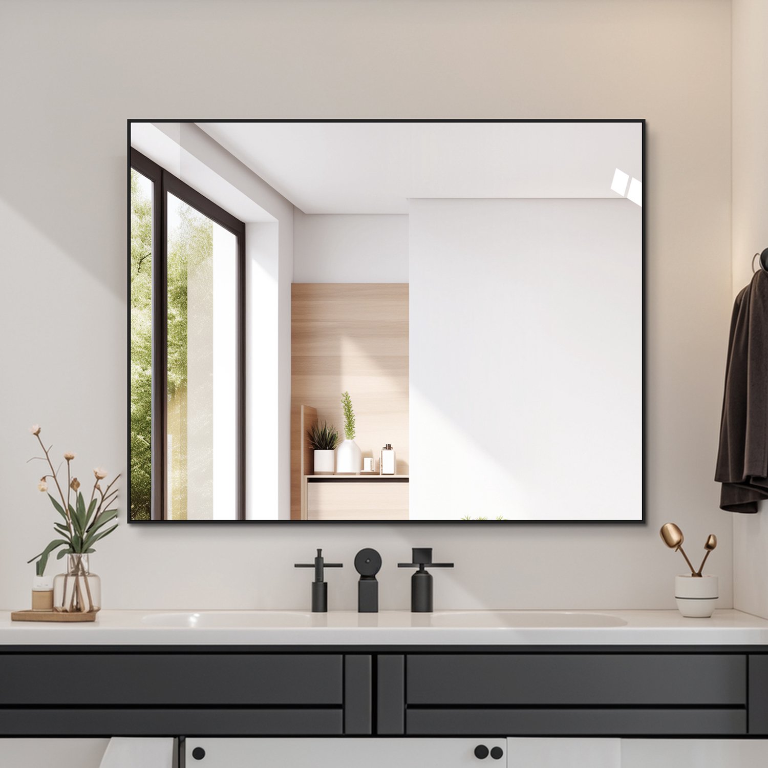 WUVRIE Badkamerspiegel 90x70 cm - Zwart aluminium frame, horizontaal of verticaal - Zwart
