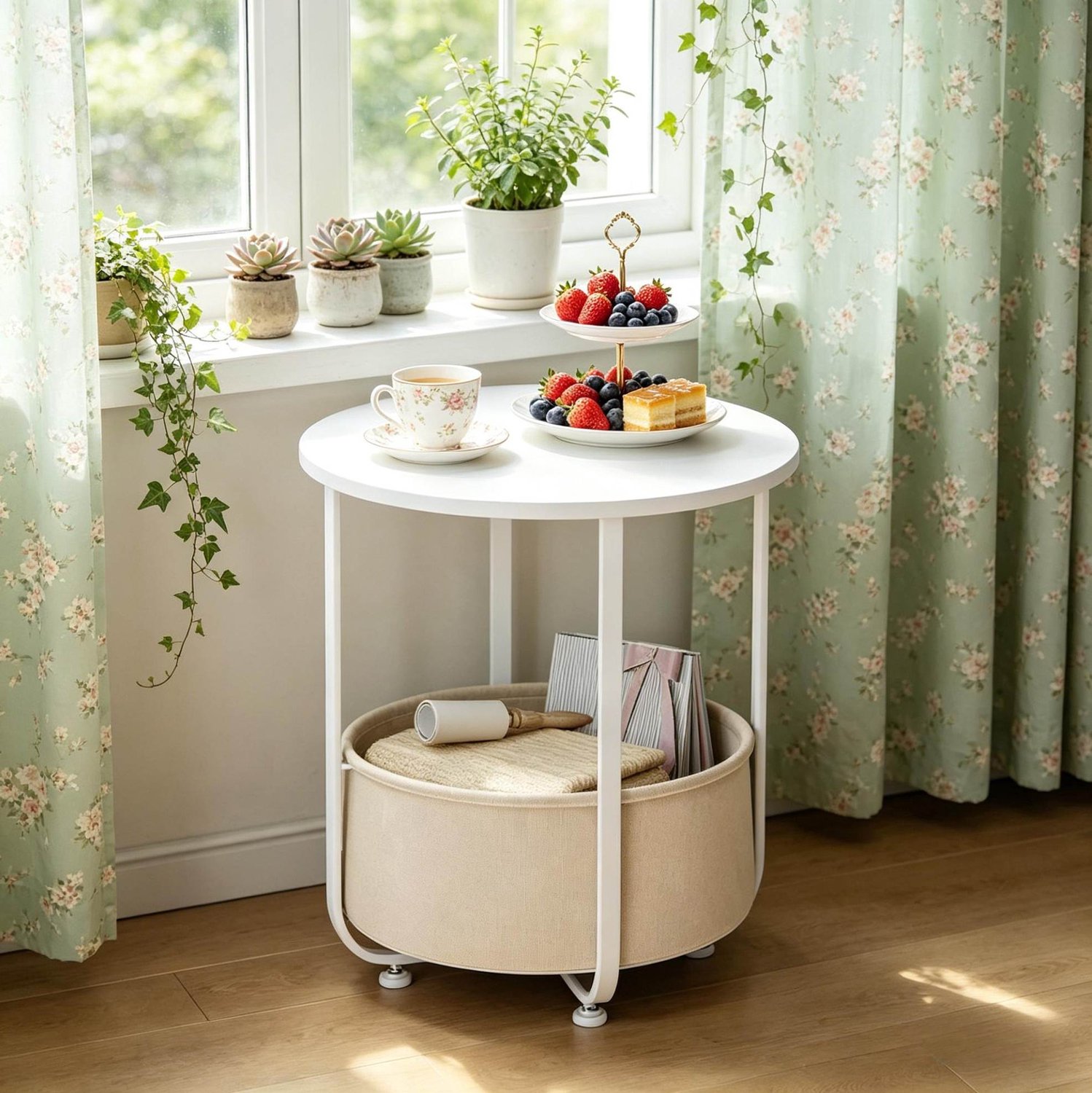 WUVRIE Ronde bijzettafel Ø45 cm - Met afneembare opbergmand - Wit