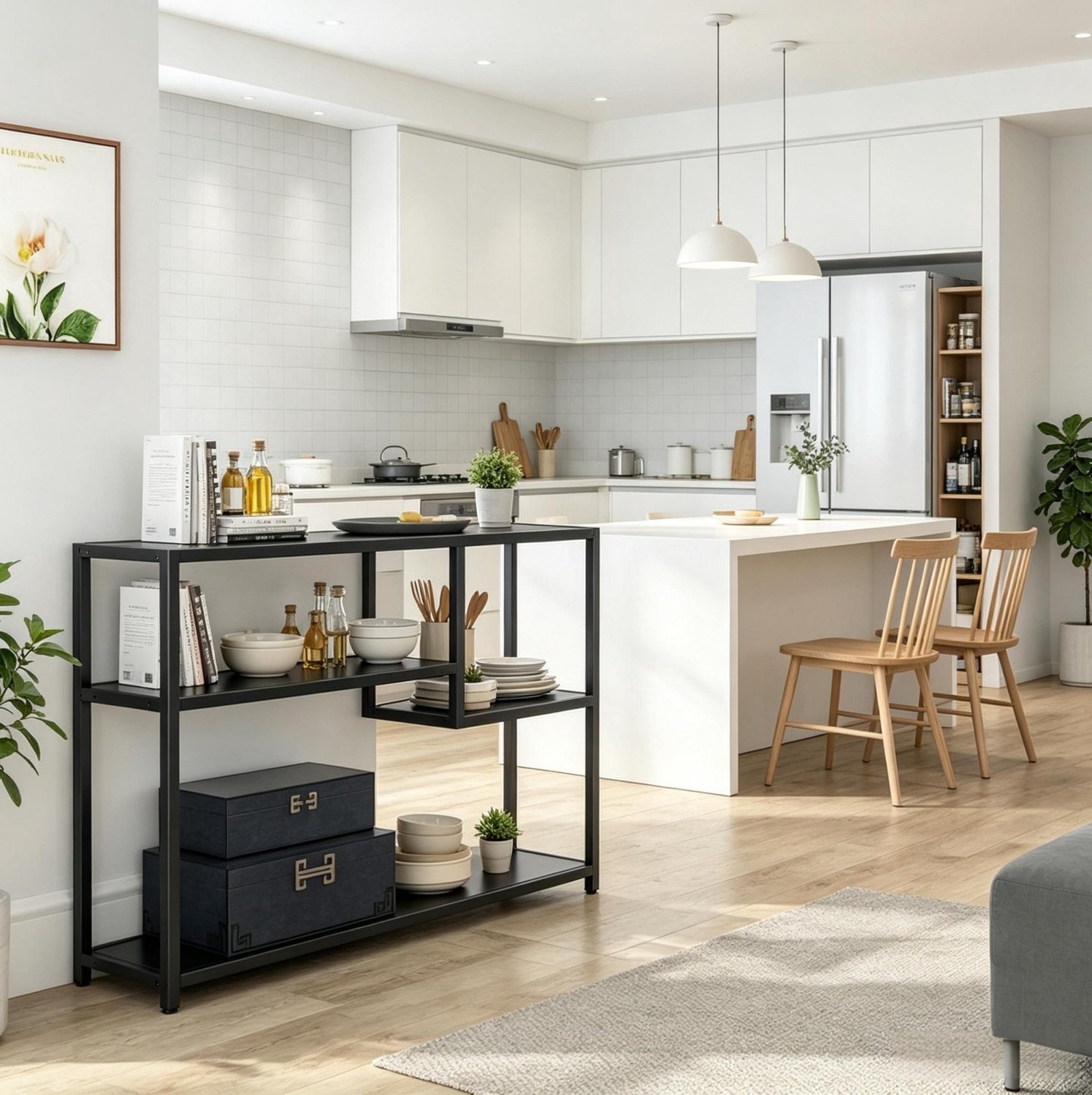 MIVRAY Sidetable - Modern Met Vier Open Opbergniveaus Voor Hal En Woonkamer - Metaal En Spaanplaat - Zwart - 110 x 30 x 85 Cm