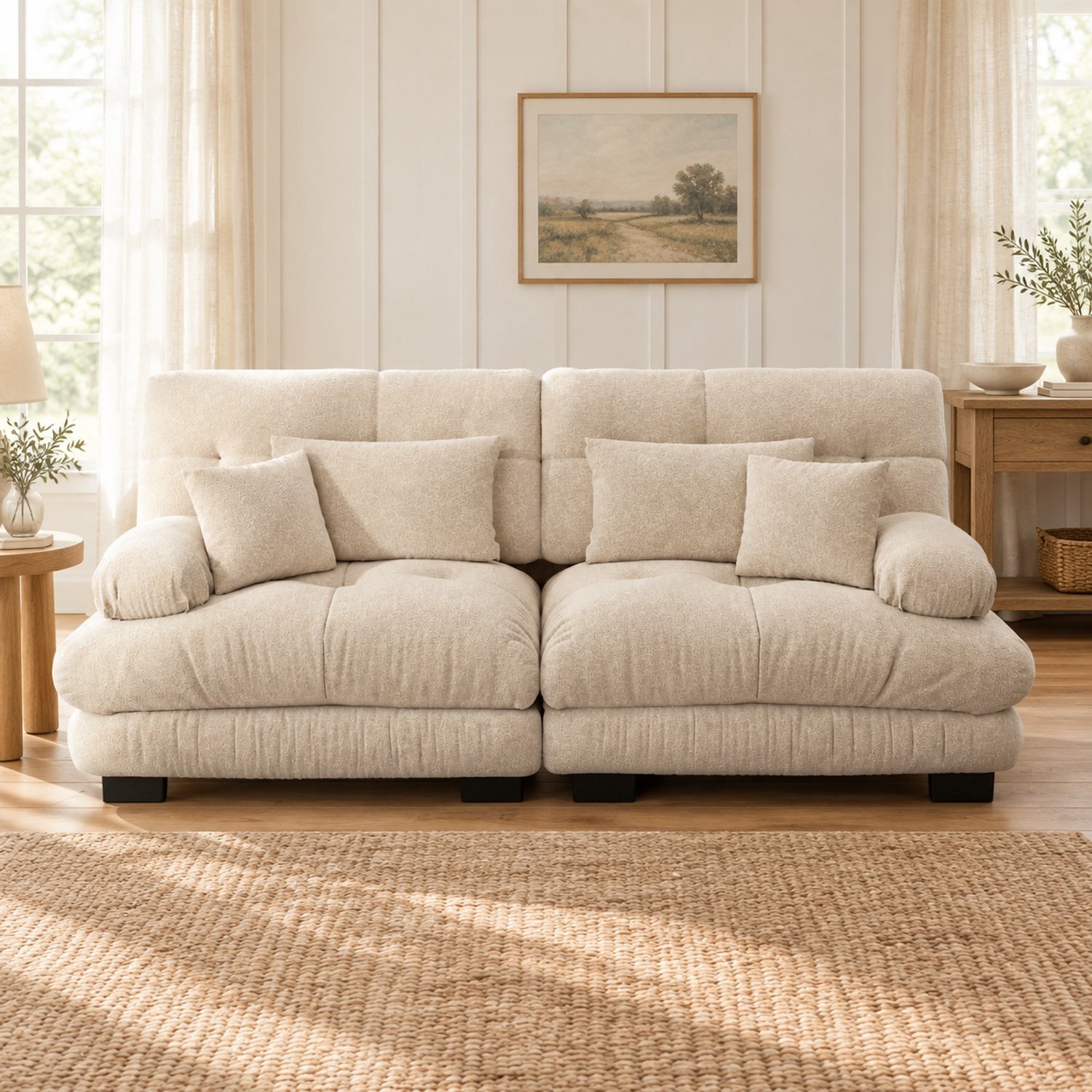 WUVRIE 2-zitsbank 220 cm - Chenille bekleding met 2 lendenkussens en 2 sierkussens - Licht koffiekleurig Lichtbruin