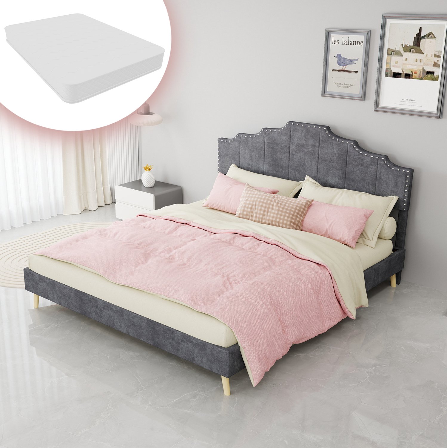 WUVRIE Gestoffeerd bed 160x200 cm - Geometrisch hoofdbord, lattenbodem en matras - Grijs