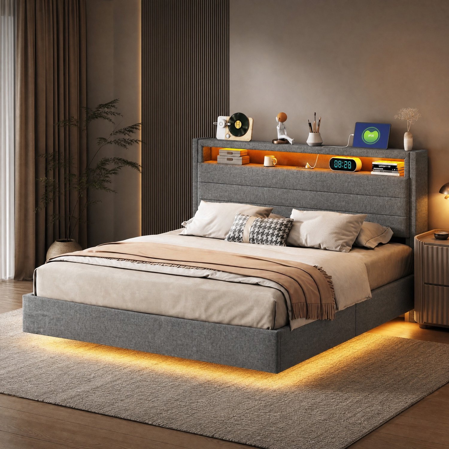 Maisentiel Gestoffeerd bed 140 x 200 cm - grijs - hydraulische opbergruimte, LED en USB