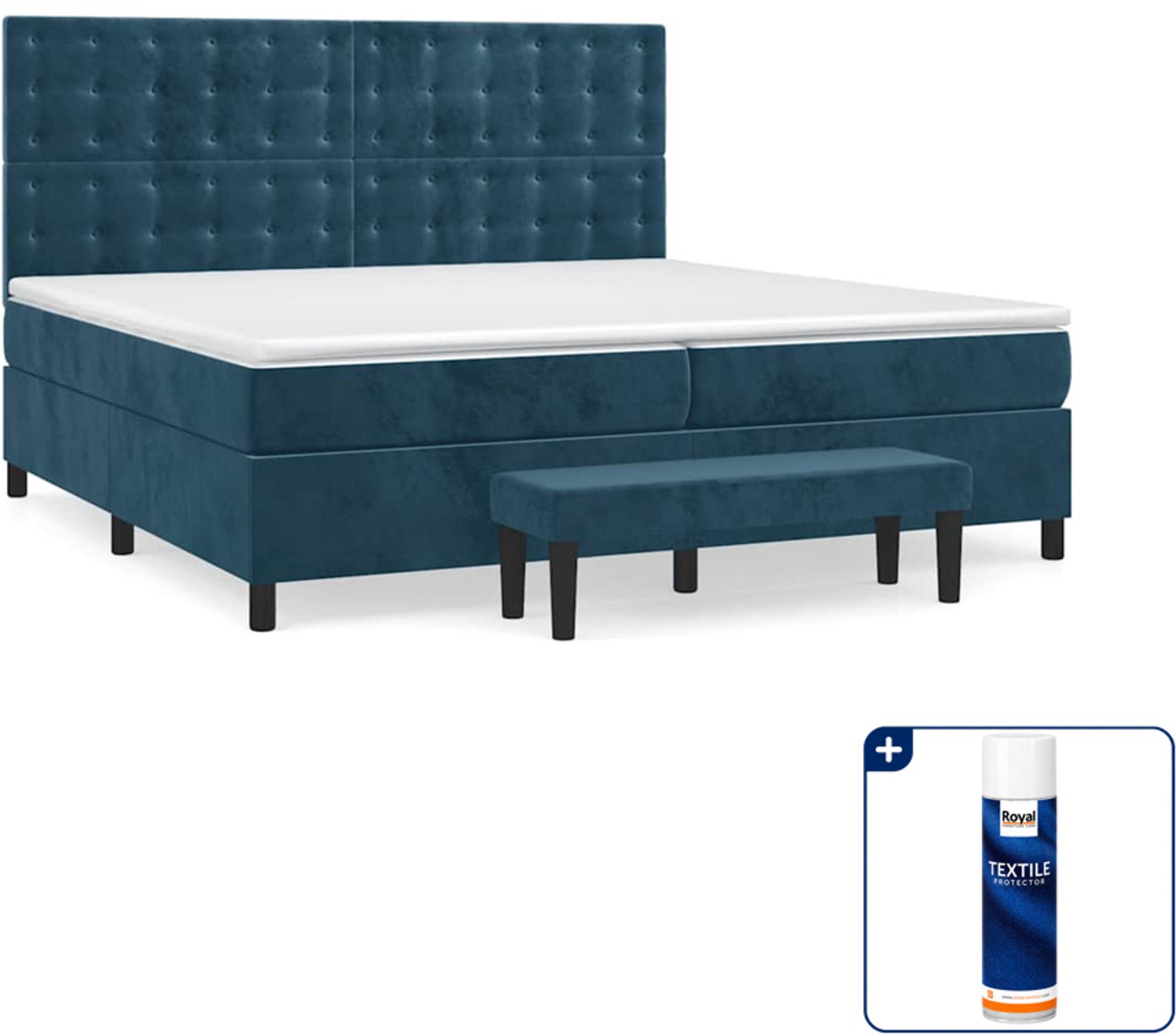 vidaXL boxspring met matras en bankje - Super kingsize - 200x200 - fluweel - donkerblauw - Inclusief textielbeschermer 500 ml
