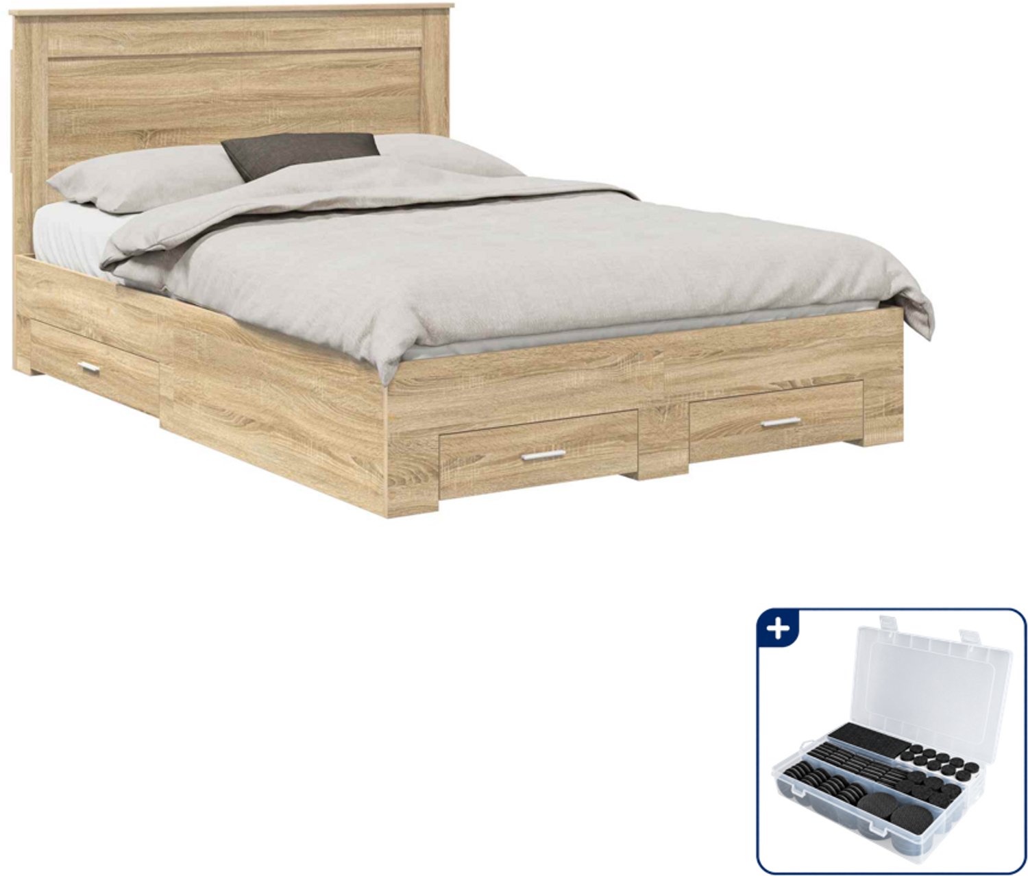 vidaXL Bedframe met lade - 140 x 190 cm - bewerkt hout - sonoma eiken - Inclusief antikrasvilt 177-delig Grijs