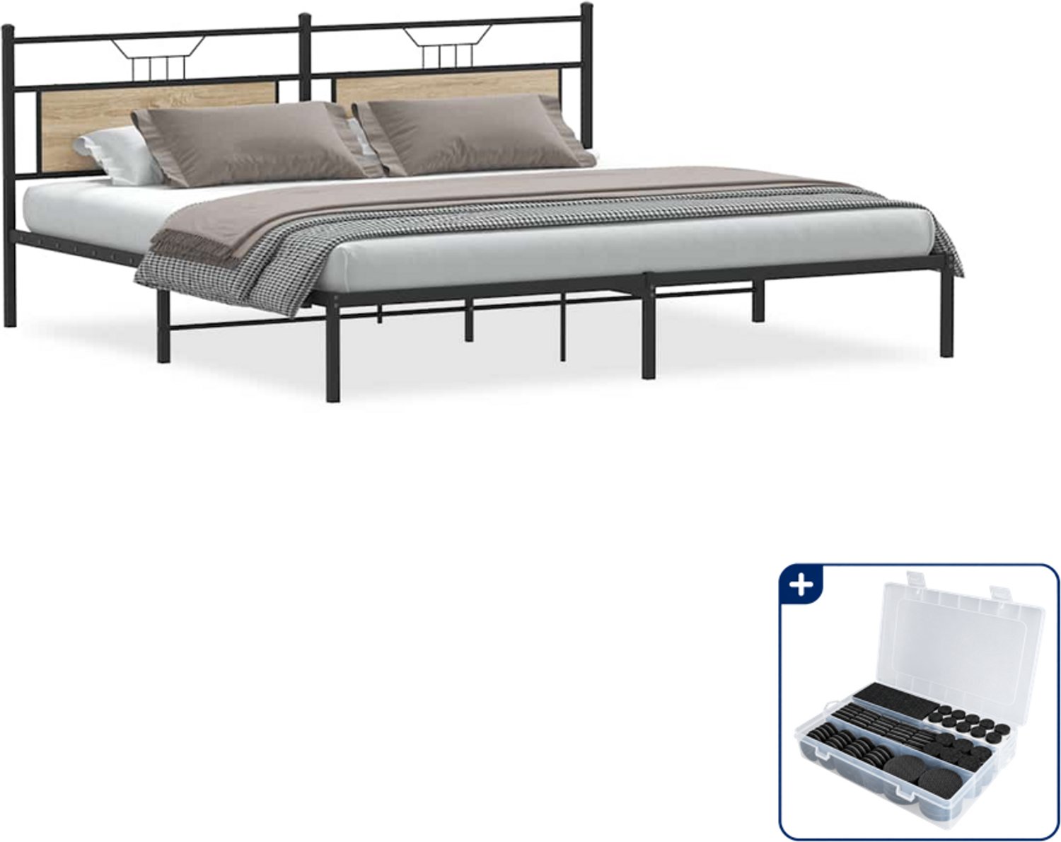 vidaXL Bedframe - 193 x 203 cm - bewerkt hout en staal - sonoma eiken - Inclusief antikrasvilt 177-delig Bruin