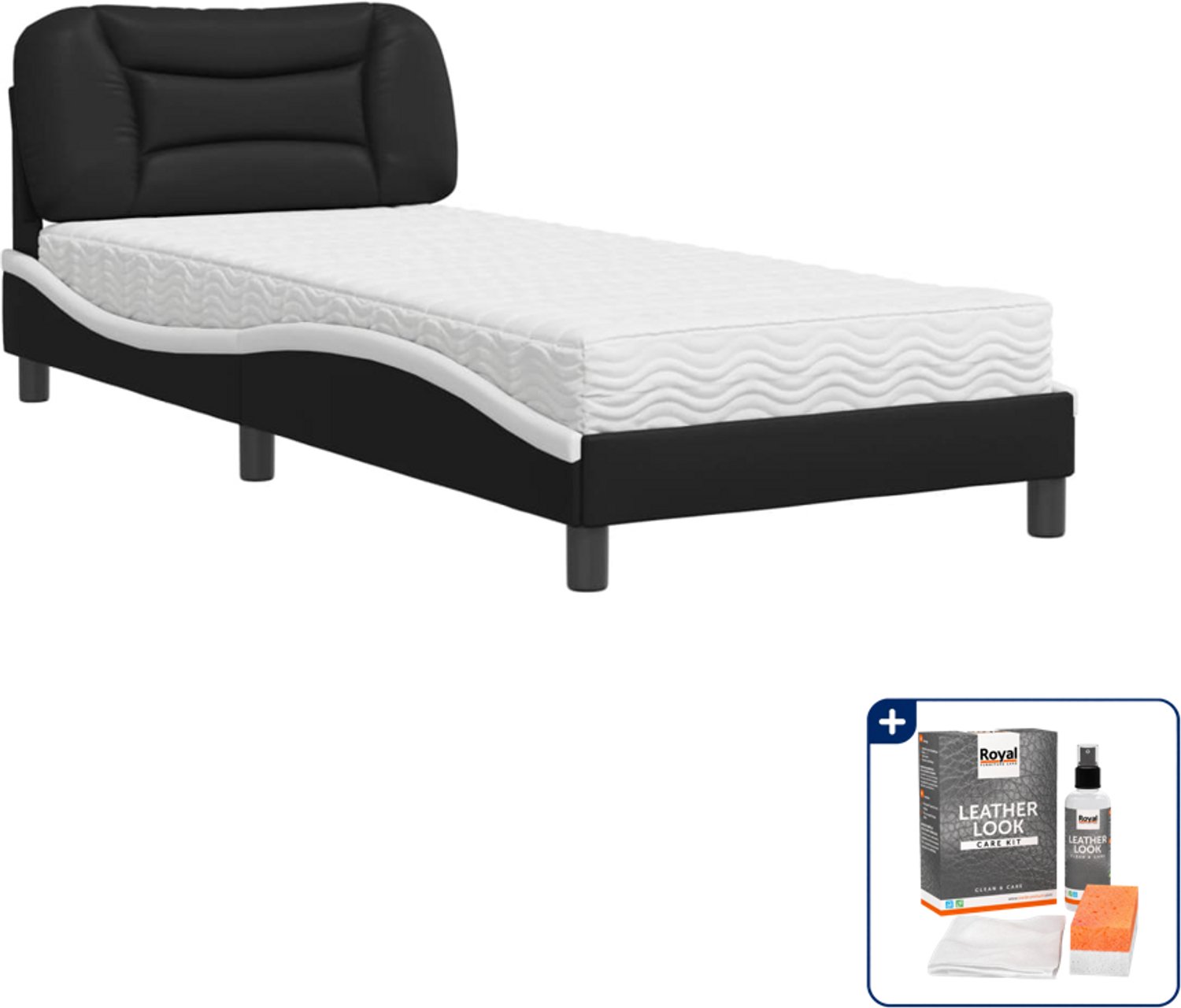 vidaXL Hvar bed met matras - 90 x 190 cm - kunstleer - zwart en wit - Inclusief onderhoudsset voor kunstleer 150 ml Bruin
