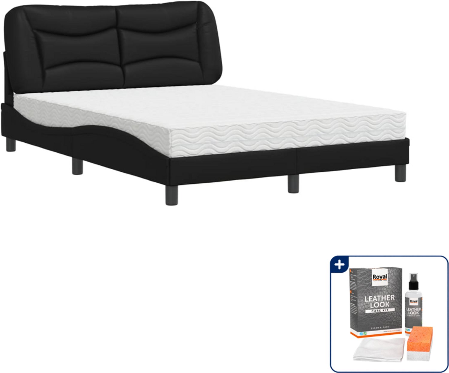 vidaXL Bed Hvar - Small double - 140 x 200 cm - zwart - Inclusief onderhoudsset voor kunstleer 150 ml Bruin