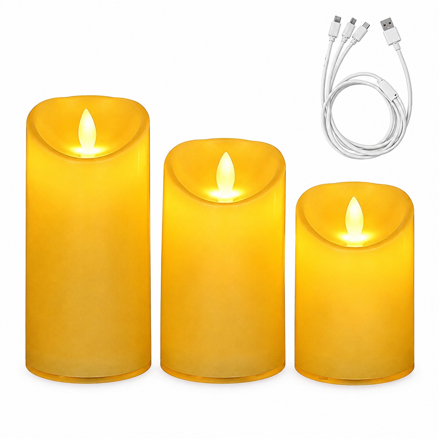 SWGOTA led kaarsen, oplaadbare set van 3 met schuine bovenrand en vlamvorm, drie hoogtes, inclusief USB-oplaadkabel voor bruiloften en kerstdecoratie Wit