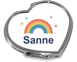 Mr Cadeautjes Metalen spiegeltje ~6 cm - design Regenboog met naam Sanne | cadeau