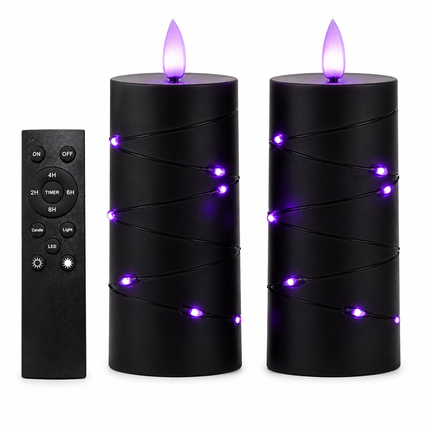 SWGOTA led kaarsen, 2 stuks per doos, zwart met paars licht en een lichtsnoer rond de buitenkant, inclusief grote afstandsbediening