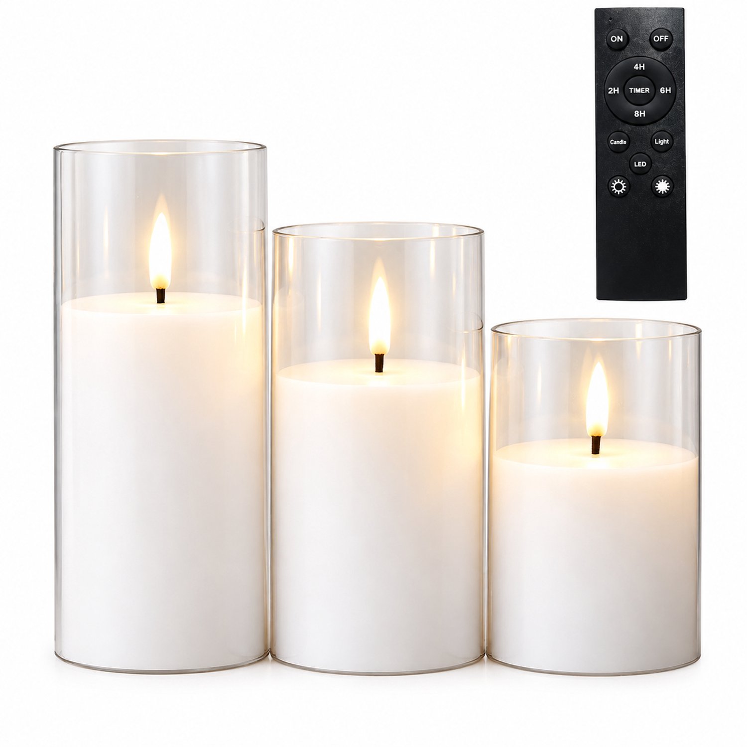 SWGOTA led kaarsen, 3 stuks per doos, transparante cilindervormige behuizing, met grote afstandsbediening en timer voor kerst- en bruiloftdecoratie