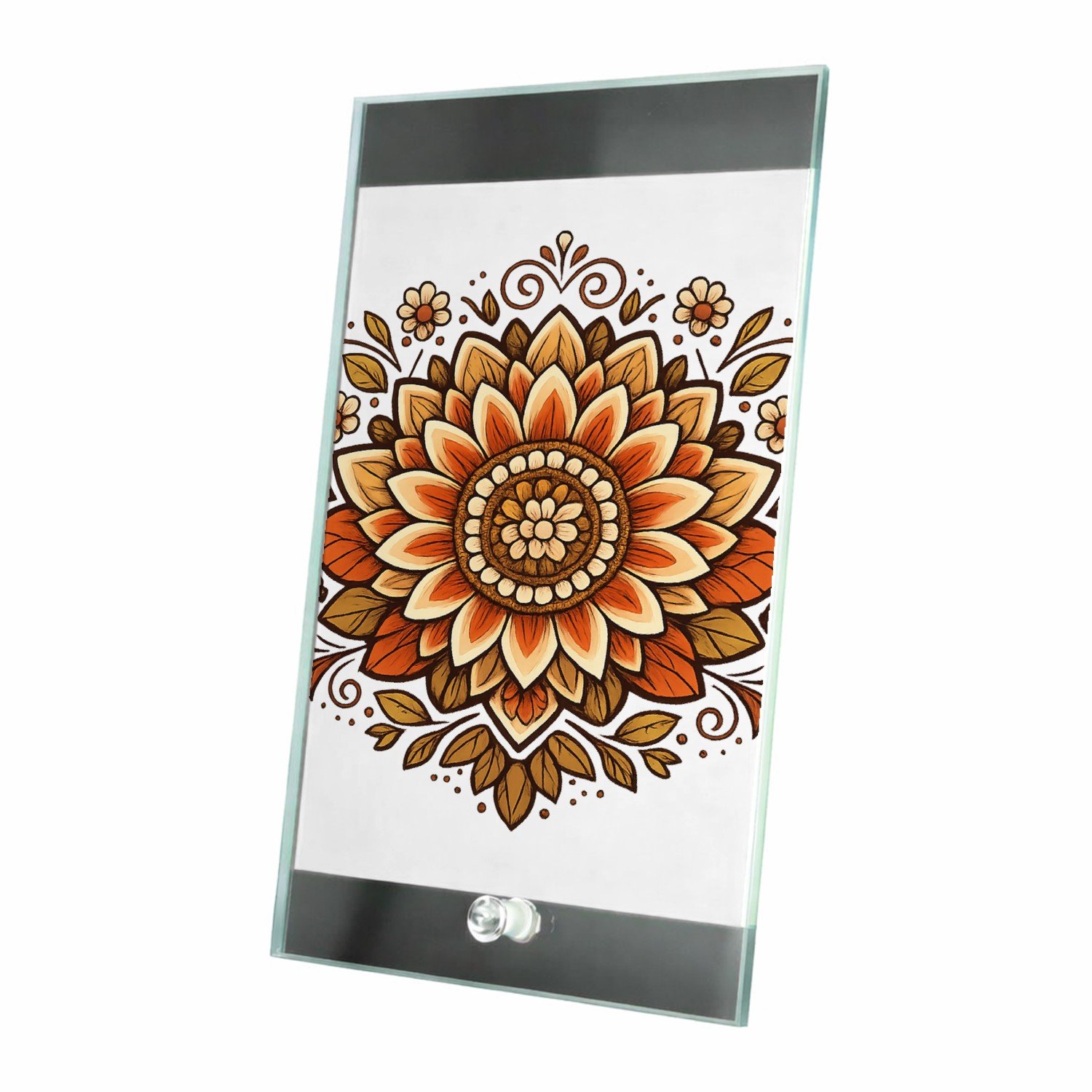 Mr Cadeautjes Glasframe 15 x 23 - design Een rustige, symmetrische zonnebloemmandala met zachte boogl | cadeau Wit