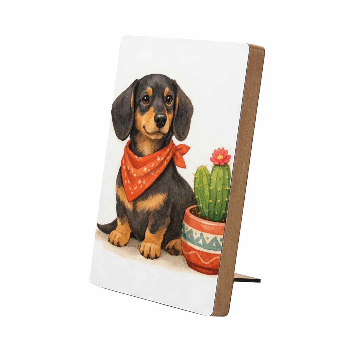 Mr Cadeautjes Glasframe/MDF 12,7 x 17,8 - design Een eigenwijze teckel met een bandana, naast een kleine cact | cadeau Wit